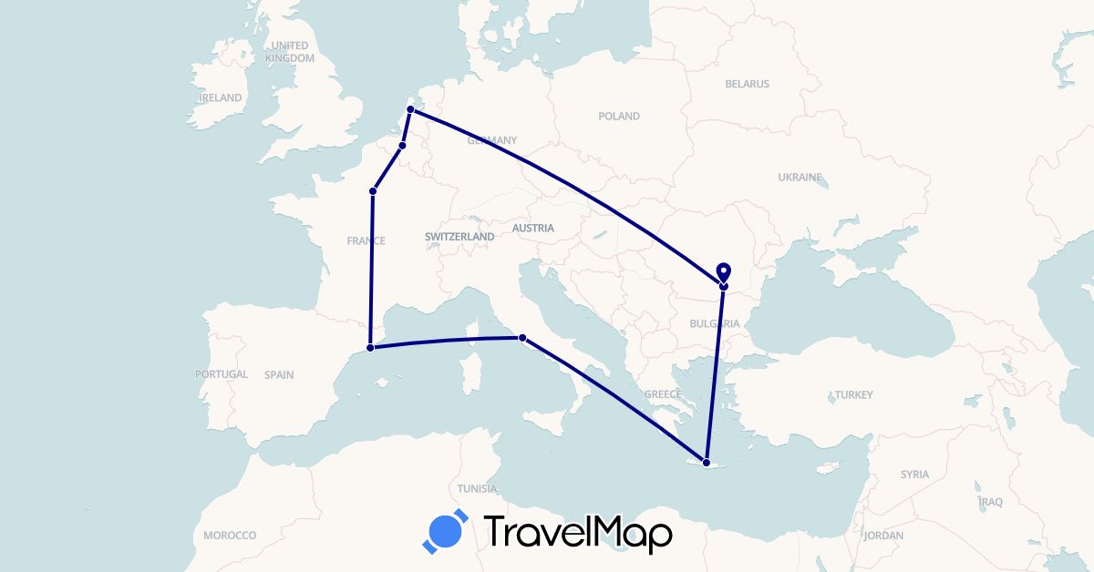 TravelMap itinerary: driving in Belgium, Spain, France, Greece, Italy, Netherlands, Romania (Europe)